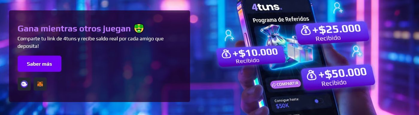 Pantalla del programa de referidos de 4tuns en un teléfono, con abonos de $10.000, $25.000 y $50.000