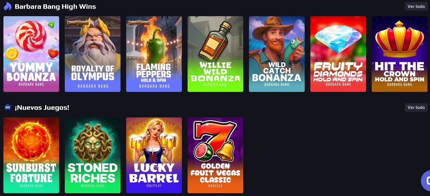 Filas del catálogo de 4tuns tituladas Barbara Bang High Wins y Nuevos Juegos, con portadas de tragamonedas
