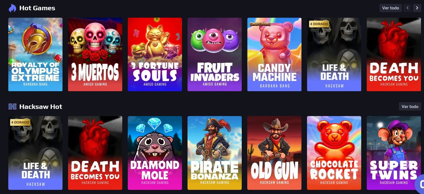 Grilla de juegos destacados de 4tuns con portadas de tragamonedas de Barbara Bang, Amigo Gaming y Hacksaw Gaming