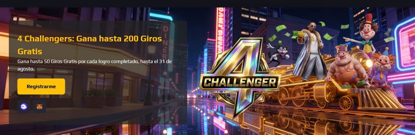 Banner de la campaña 4 Challengers de 4tuns, con hasta 200 giros gratis por logros completados