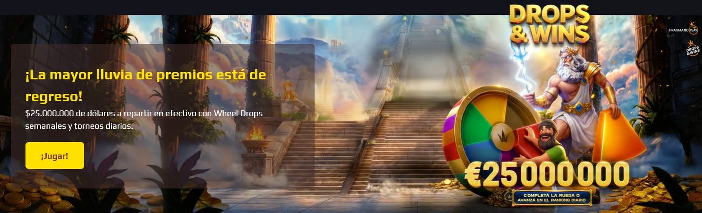 Banner de la promoción Drops & Wins de Pragmatic Play en 4tuns, con un pozo de 25.000.000 y una rueda de premios