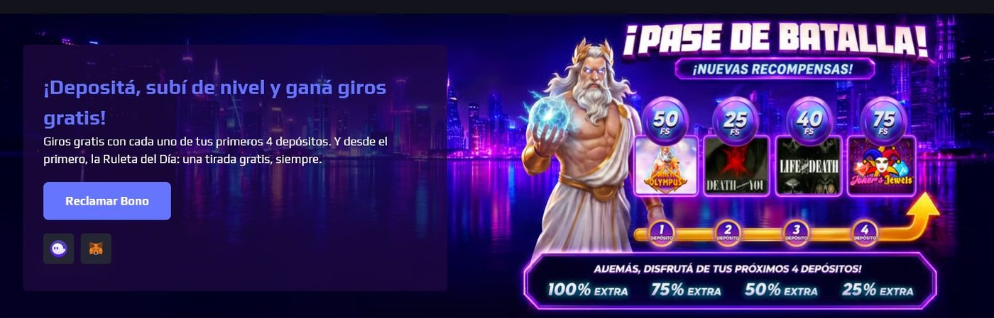 Banner del Pase de Batalla de 4tuns con giros gratis por los primeros cuatro depósitos y extras de 100%, 75%, 50% y 25%